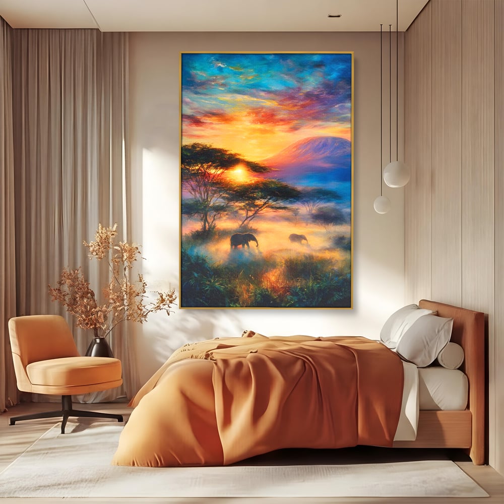 Tablou canvas cu tablou canvas cu elefanti la apus, in rama de aluminiu auriu, pe perete intr-un dormitor